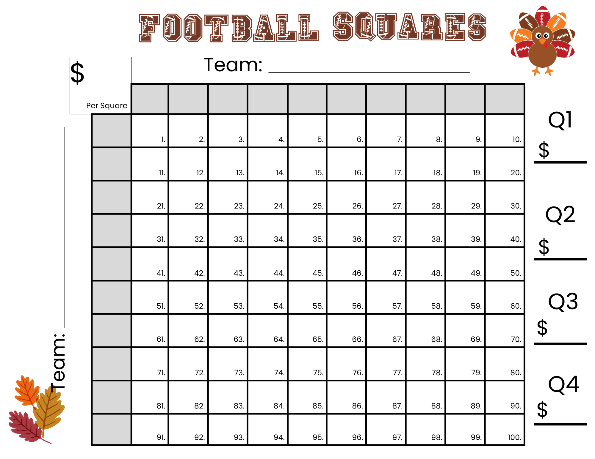 100 Thanksgiving Football Squares Game Printable 100 Thanksgiving Football Squares Game Printable