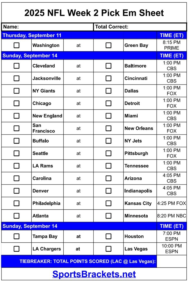 2025 NFL Pick Em Sheet Week 2 Printable PDF Format Sports Brackets