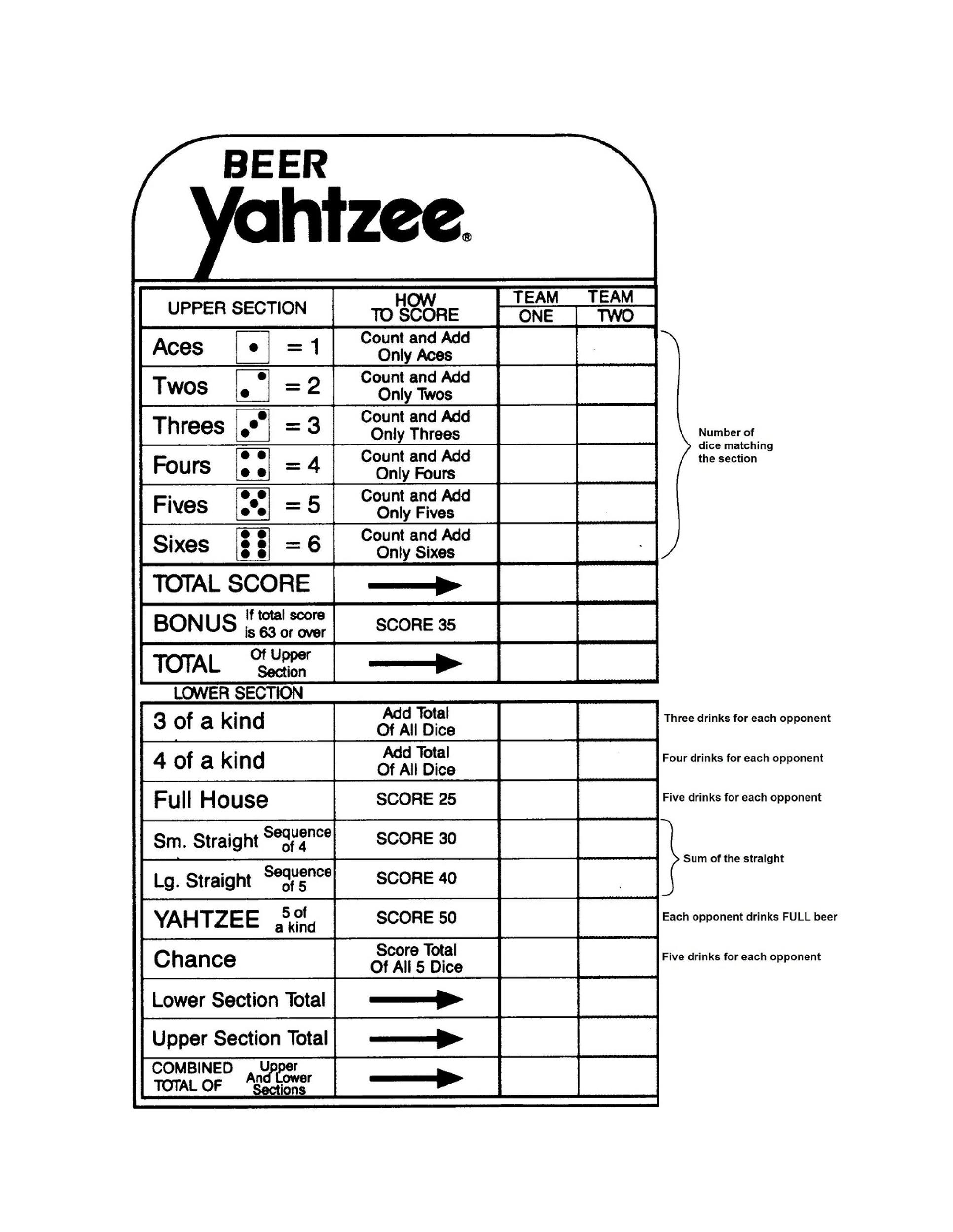 yahtzee score card printable