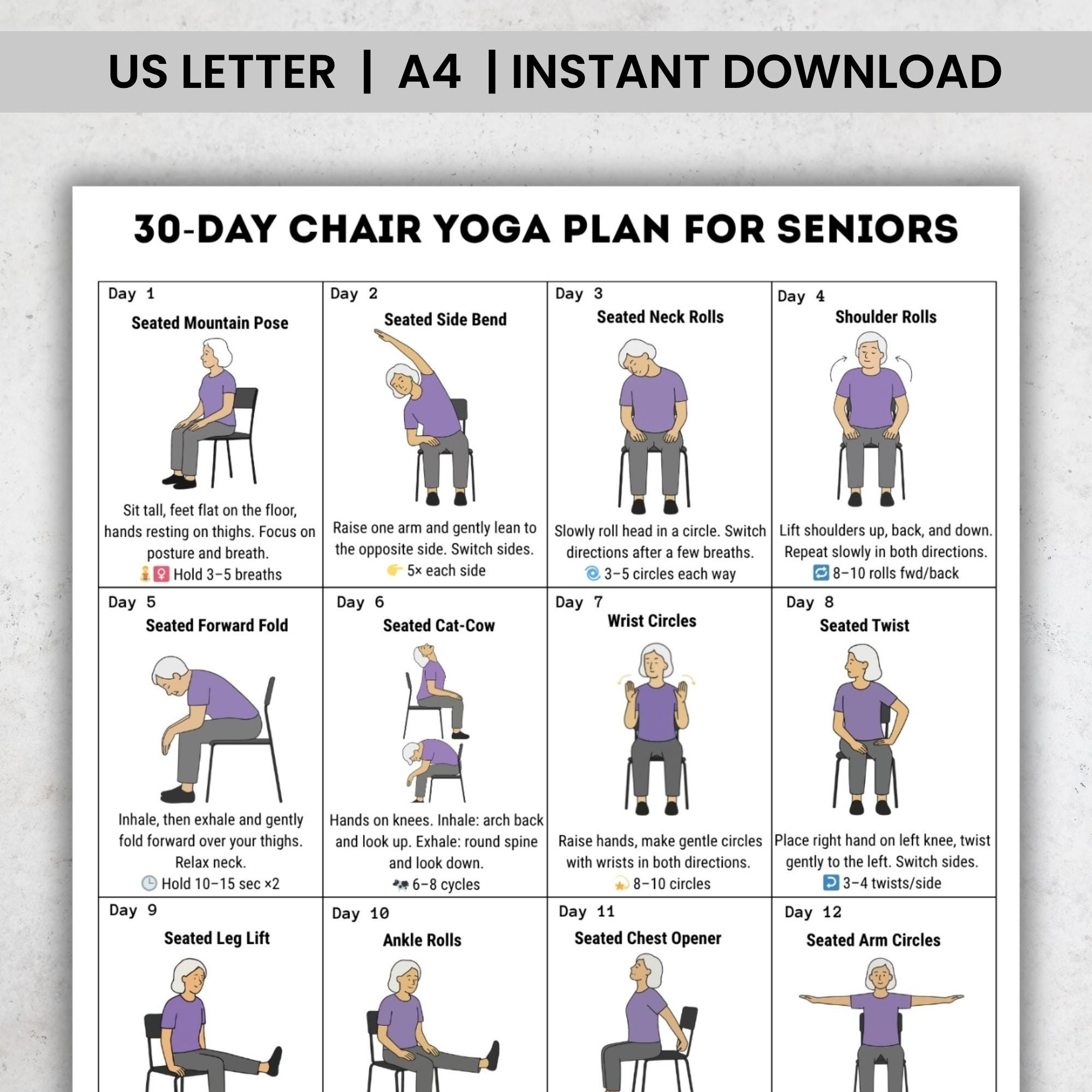 30 Day Chair Yoga For Seniors Challenge Chair Exercise Guide Printable Chair Workout Senior Home Workout Plan Digital Download PDF Etsy