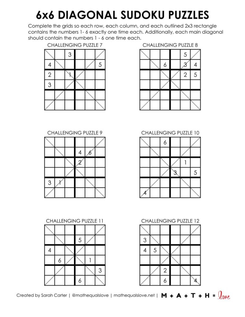 6x6 Diagonal Sudoku Puzzles Math Love