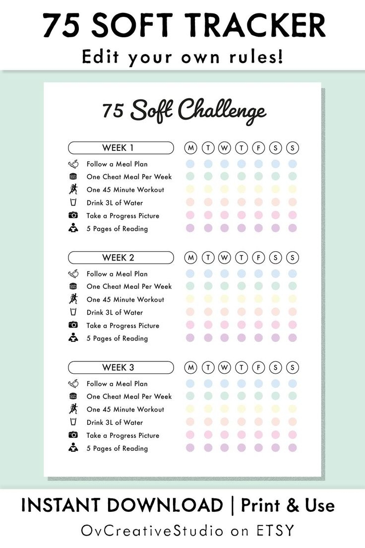 75 Soft Challenge Rules PDF 75 Soft Tracker 75 Soft Meal Plan Workout Bullet Journal Rainbow