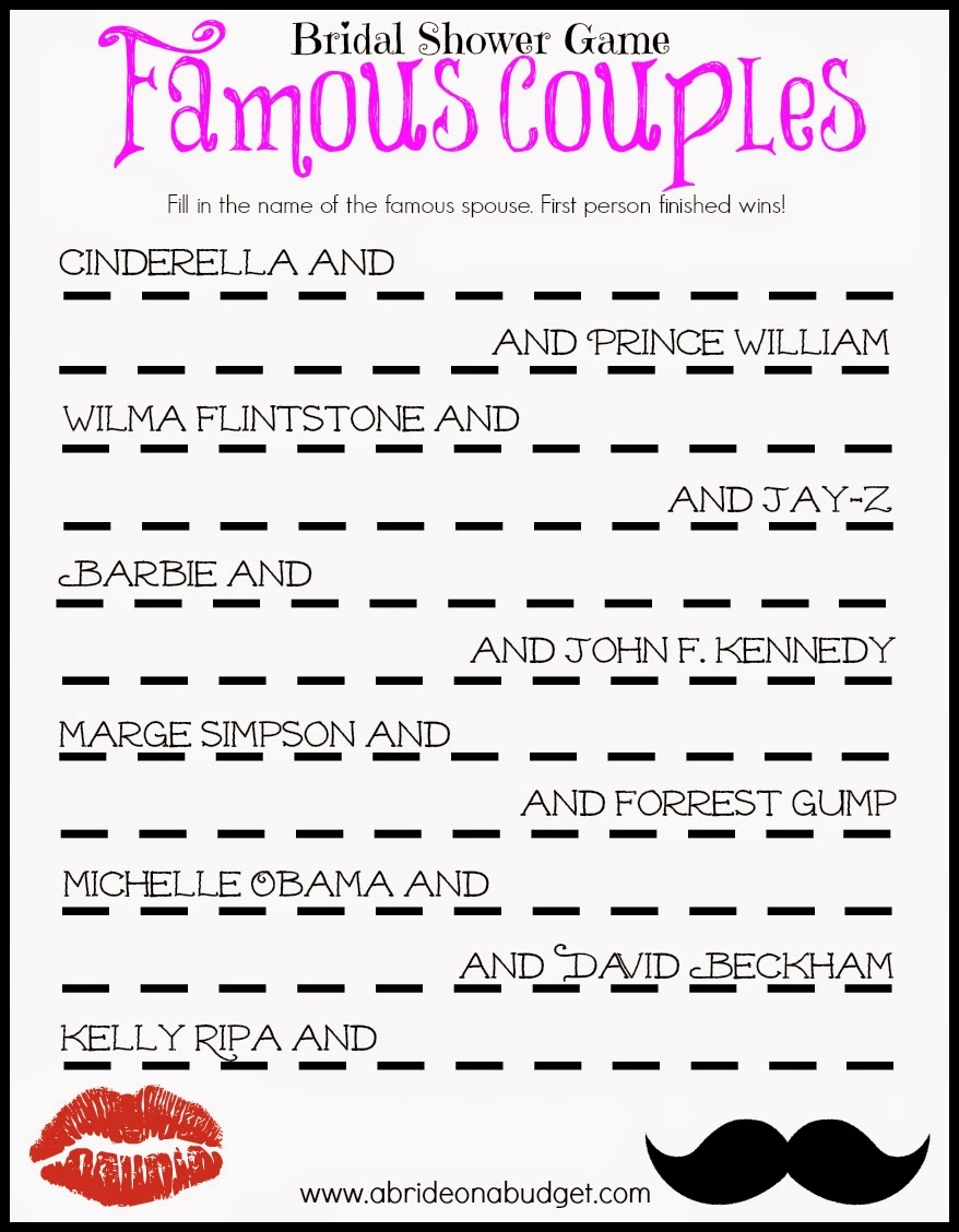 A Bride On A Budget Famous Couples Bridal Shower Game Free Printable 