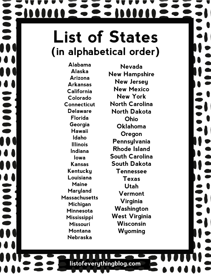 list of the 50 states printable