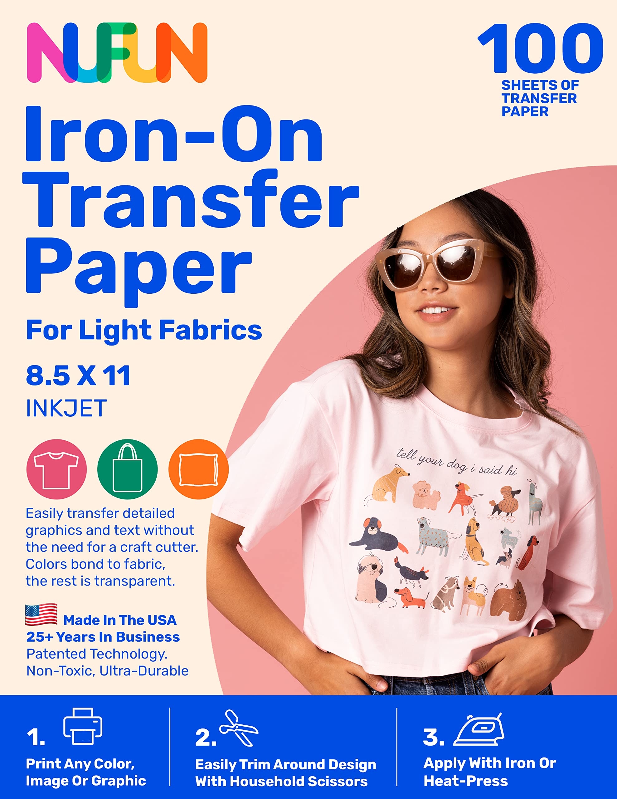 Amazon NuFun Activities Printable Iron on Heat Transfer Paper For T Shirts Light Fabrics 100 Sheets 8 5 X 11 Inch Long Lasting Durable Professional Quality Easy DIY Non Toxic Made In The USA