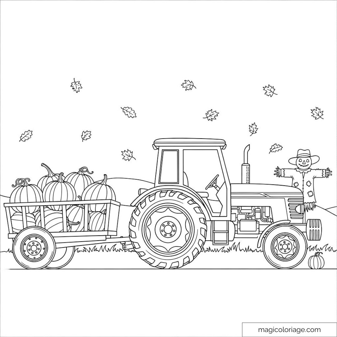 Autumn Tractor Coloring Page With Pumpkins And Scarecrow