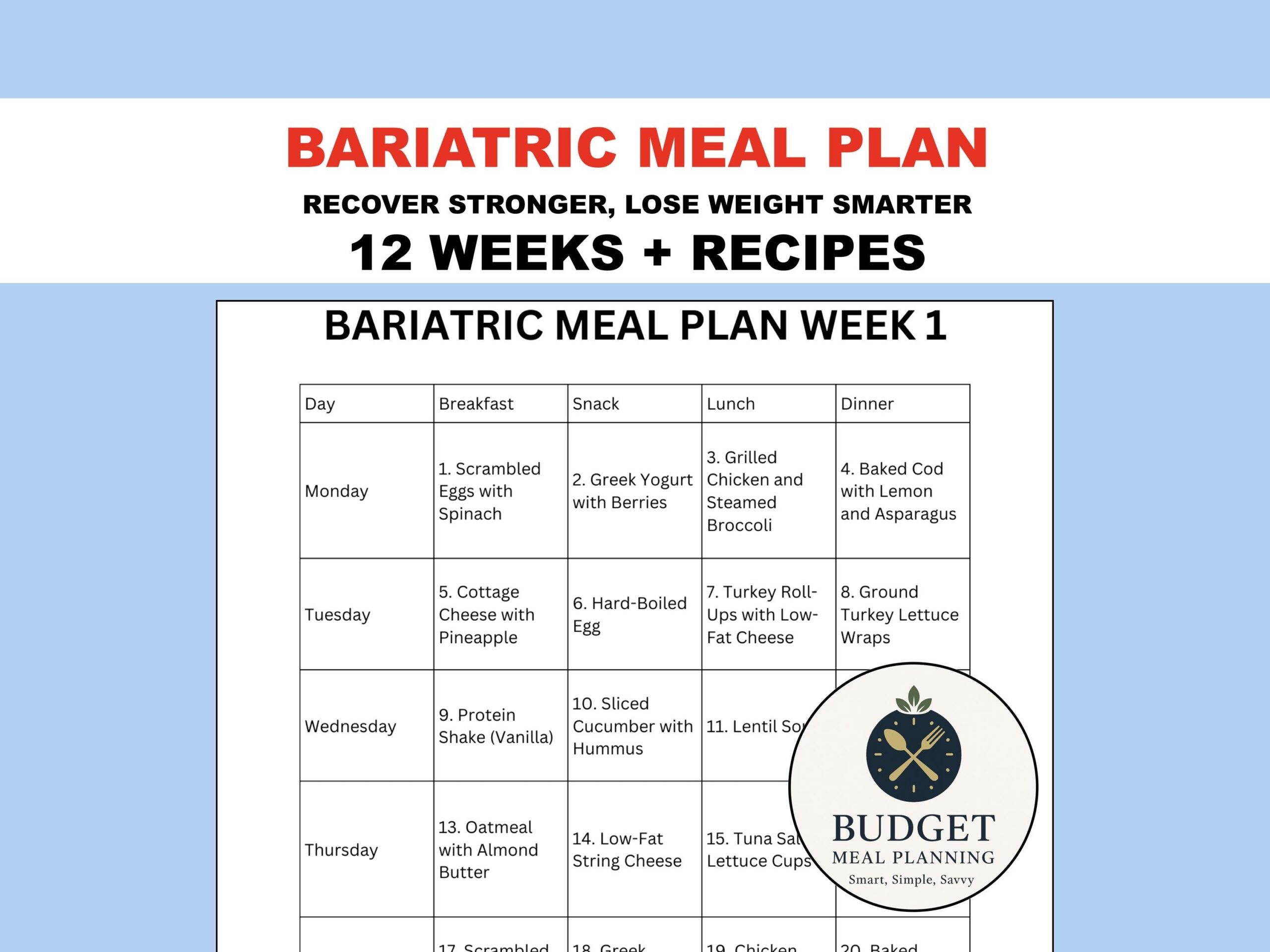Bariatric Meal Plan Printable Surgery Diet Menu PDF 3 Months Simple Recipes Etsy Israel