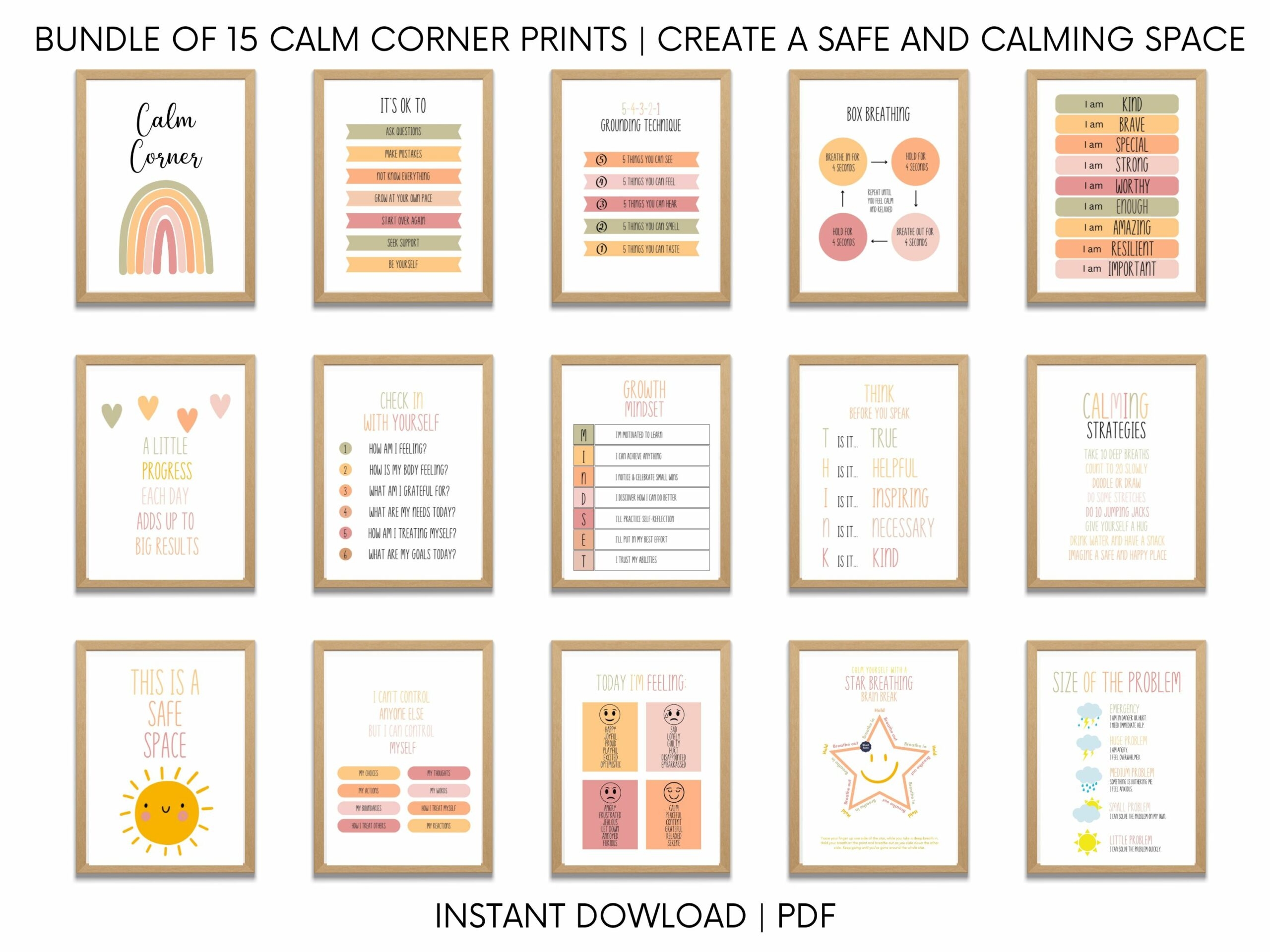 Calming Corner Wall Art Poster Set 15 Calm Down Strategies Educational Feelings Chart Printable Preschool Decor Classful