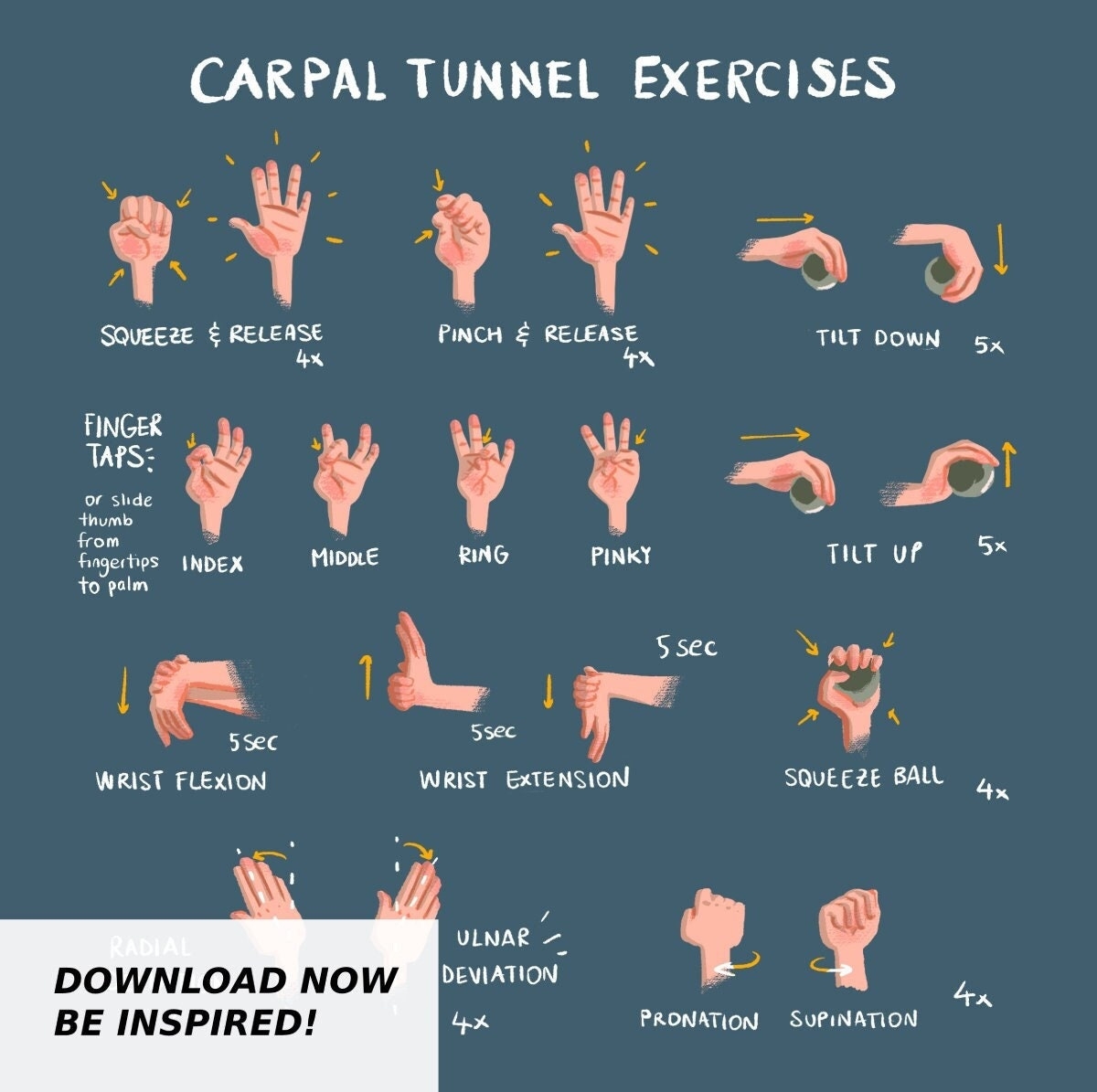 Carpal Tunnel Exercises Print Digital Blue Hand And Wrist Exercises For Carpal Tunnel Relief Etsy