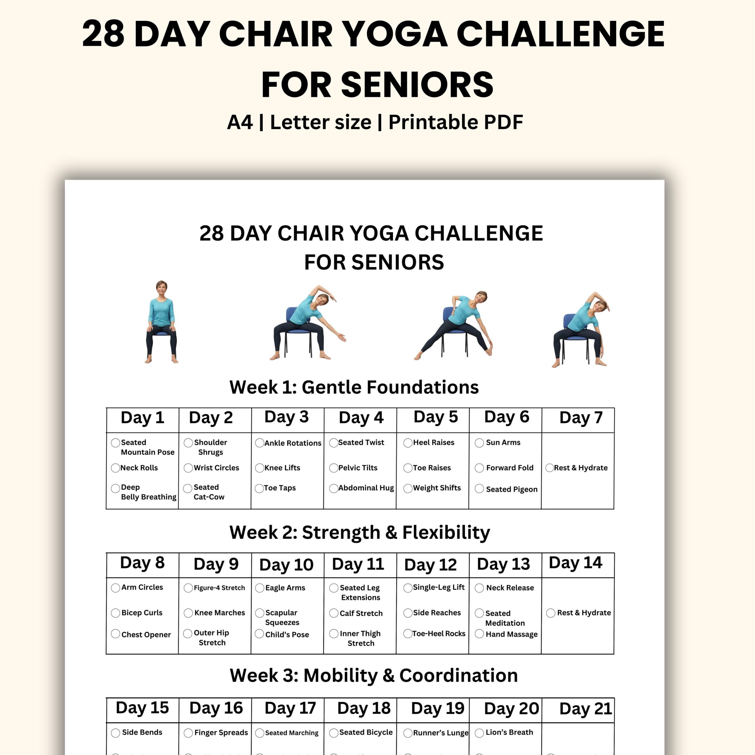Chair Yoga Challenge 28 day Printable Guide For Seniors Etsy