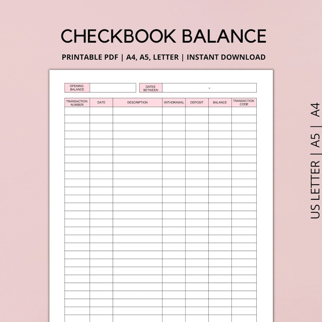 Checkbook Balance Log Printable Checkbook Register Check Register Transaction Register Income And Expense Tracker A4 LETTER A5 PDF UK