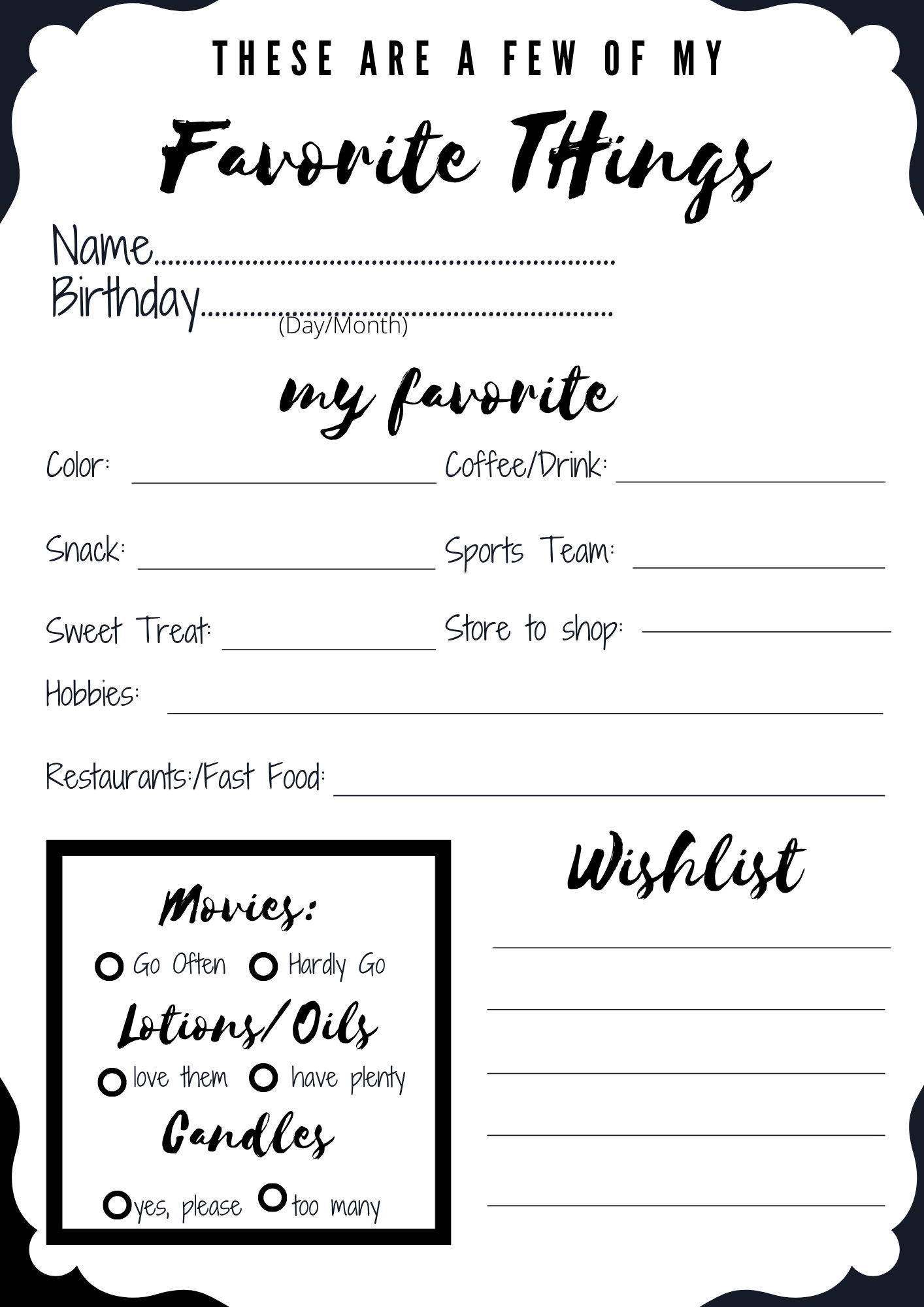 Customizable My Favorite Things Questionnaire 8 x10 Secret Santa Gift Exchange Ideas Printable PDF Jpeg Png INSTANT DOWNLOAD Etsy