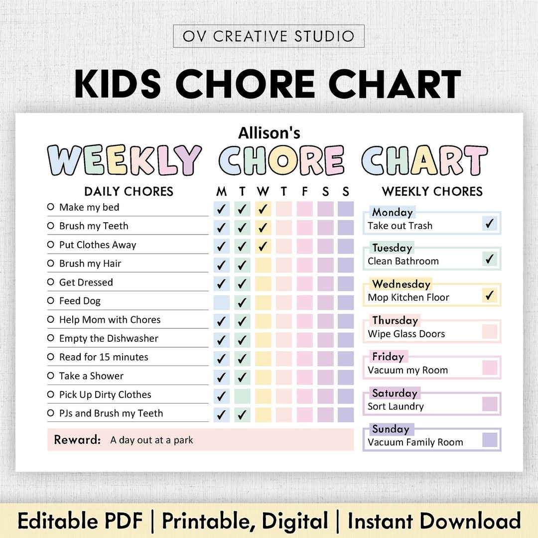 Editable Chore Chart For Kids Printable Kids Daily Weekly Responsibility Chart Kids Chore List Kids Daily Routine Checklist PDF Etsy Finland