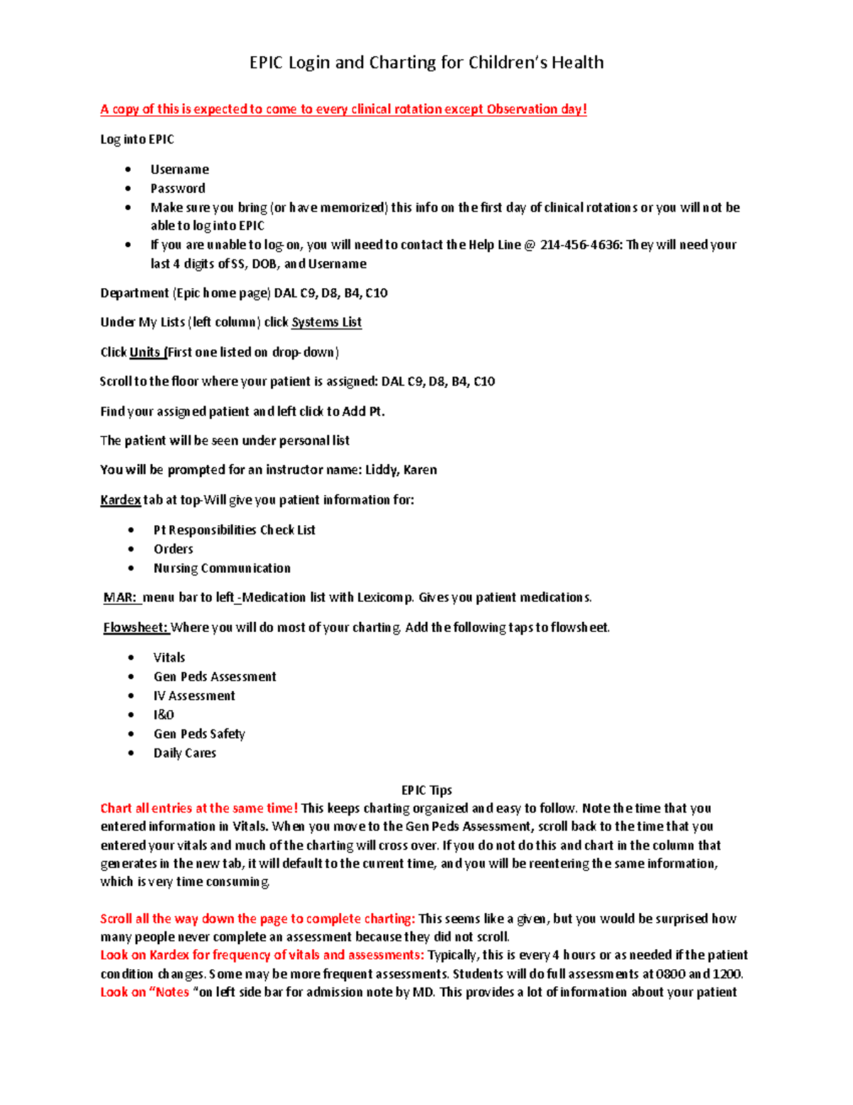 EPIC Charting Help Sheet For Pediatric Clinical Rotations Spring 2022 Studocu
