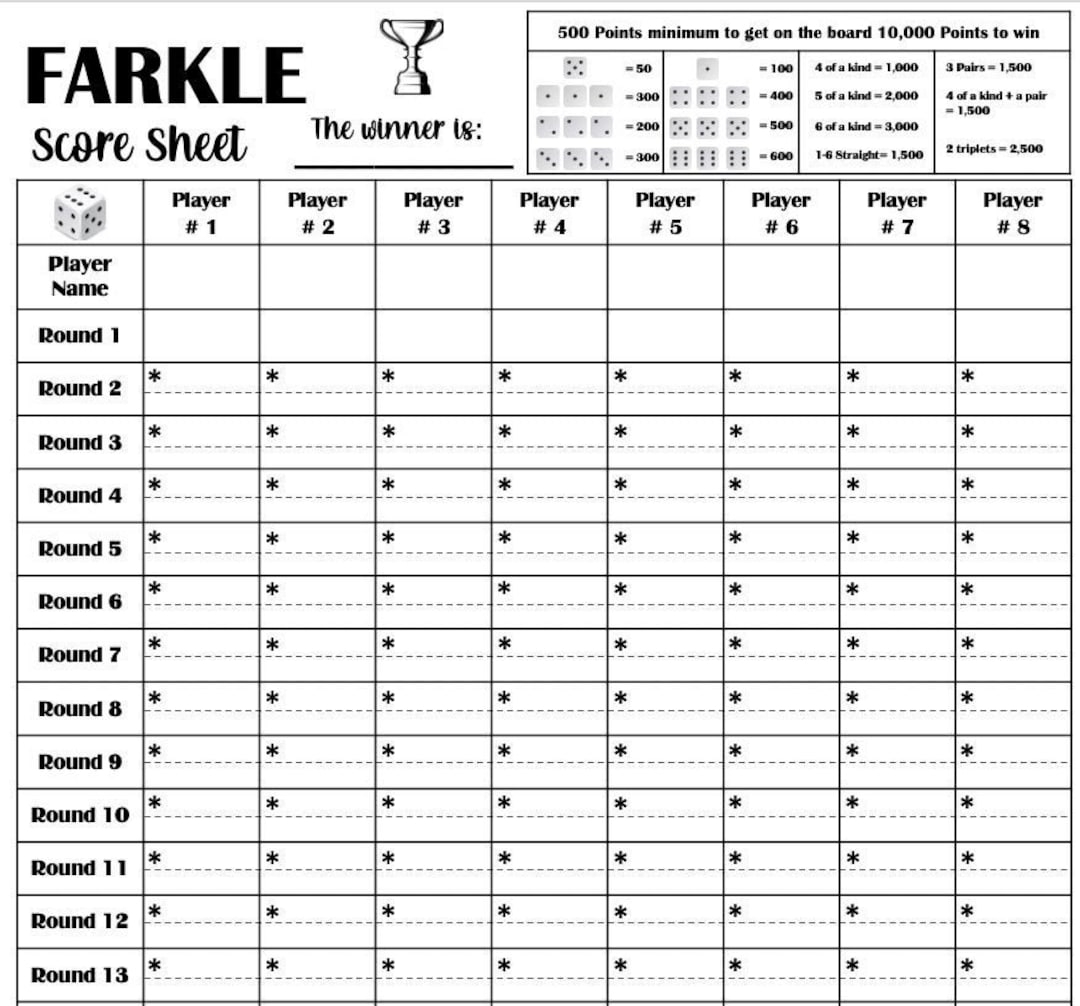 Farkle Score Card Printable File PDF Download 8 5x11 Etsy
