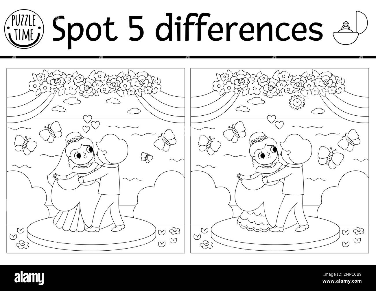 Find Differences Game For Children Wedding Black And White Educational Activity With Cute Married Couple Marriage Printable Coloring Page For Kids W Stock Vector Image Art Alamy