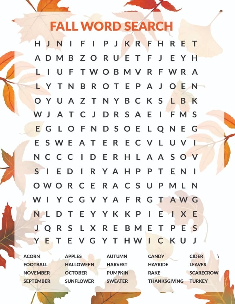 autumn word search printable
