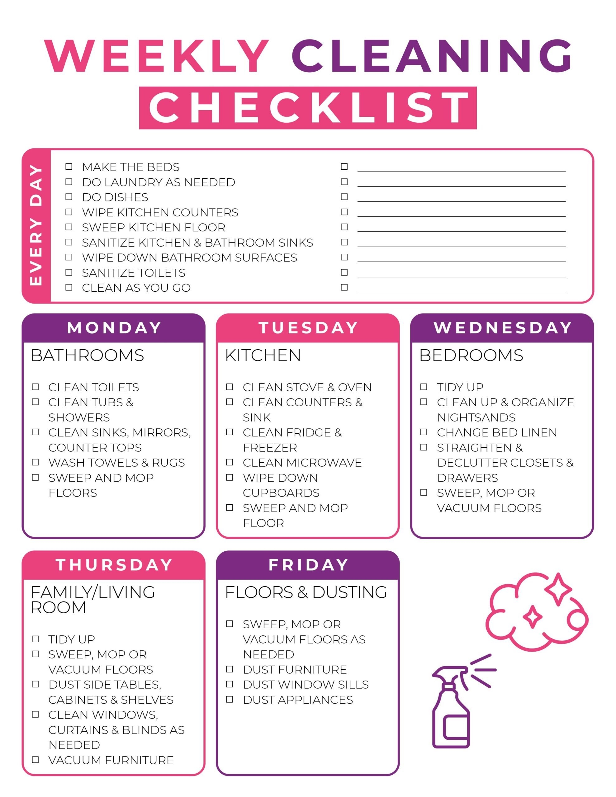 Free Printable Weekly Cleaning Checklist Instant PDF Download 