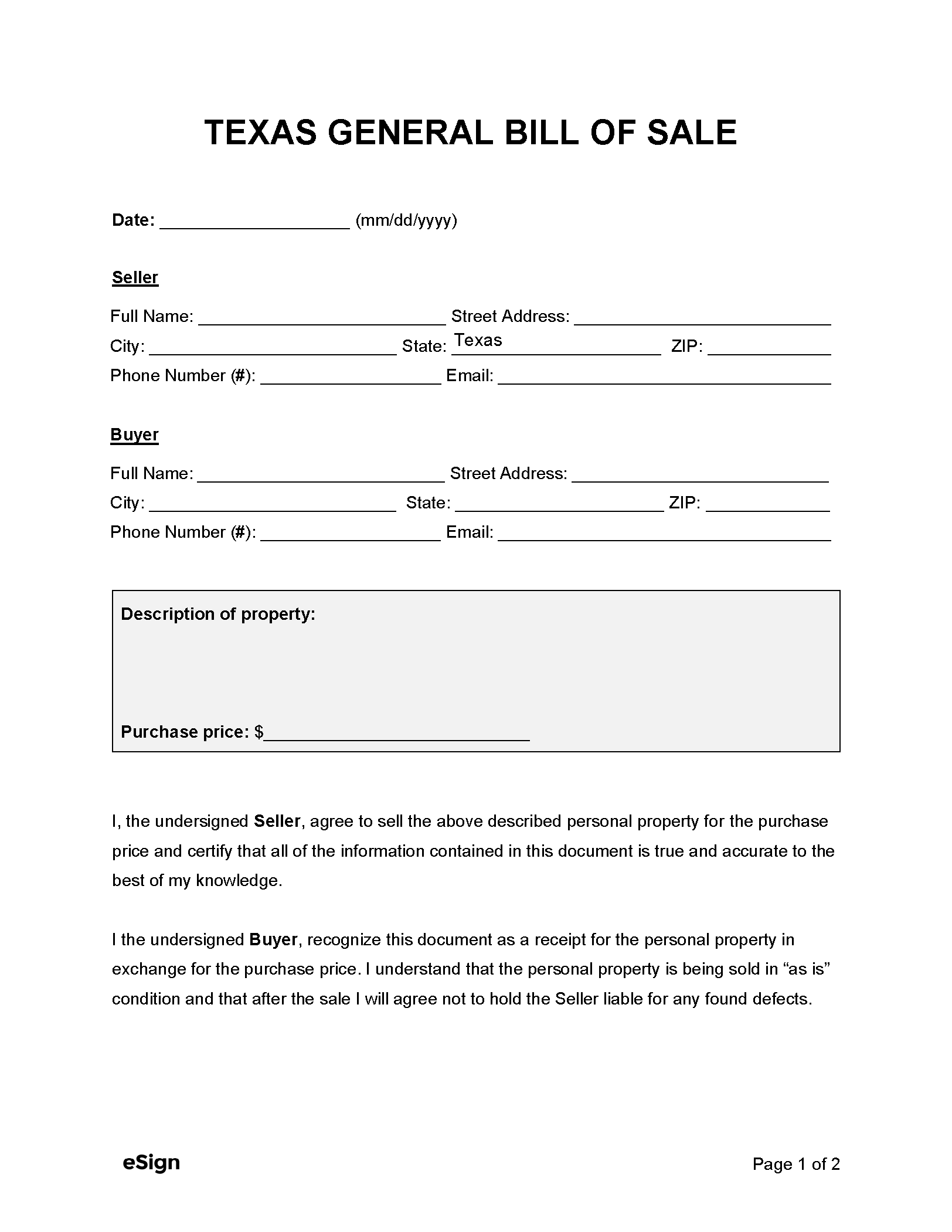 printable bill of sale texas