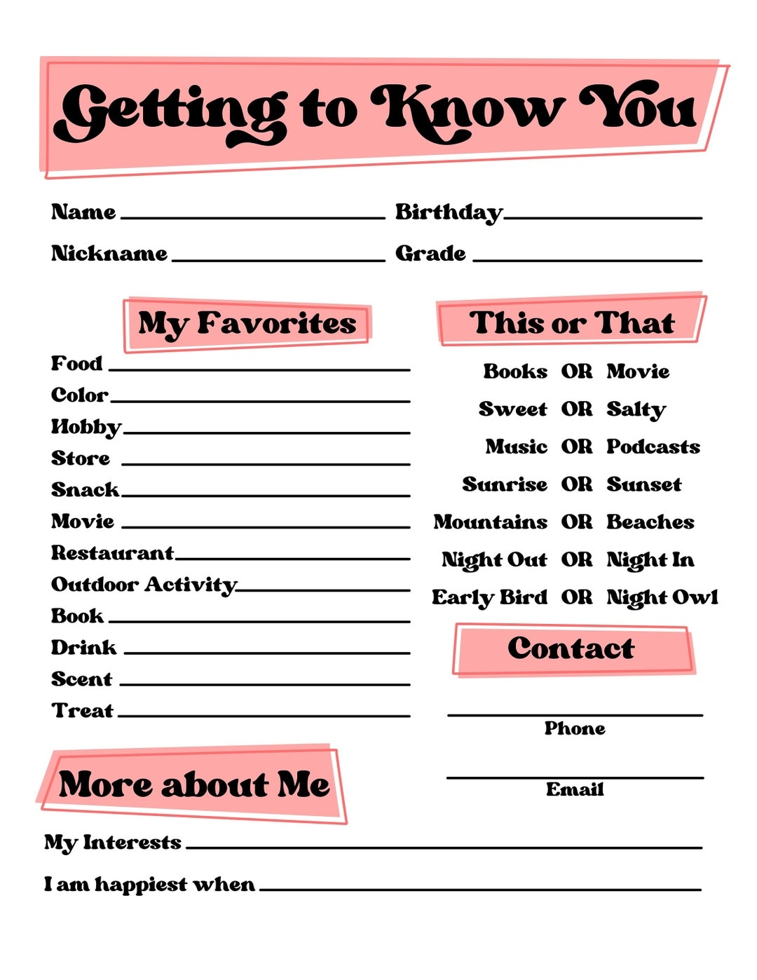 Get To Know You Getting To Know You Page Get To Know You Printable All About Me Etsy