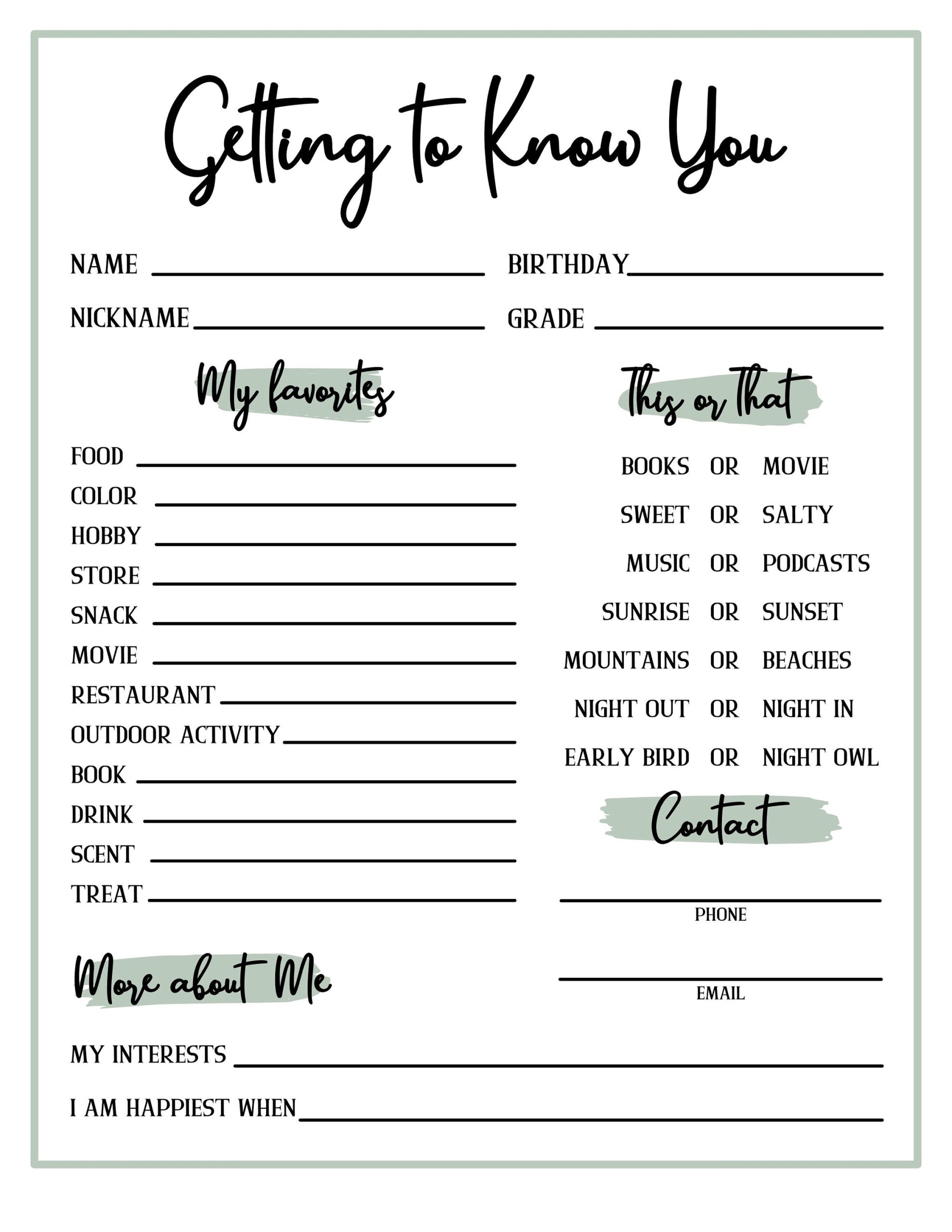 Get To Know You Getting To Know You Page Get To Know You Printable All About Me Etsy