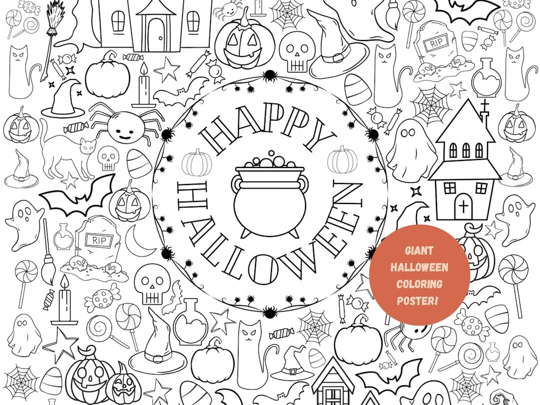 Giant Halloween Coloring Page Black And White Digital Download Printable Etsy