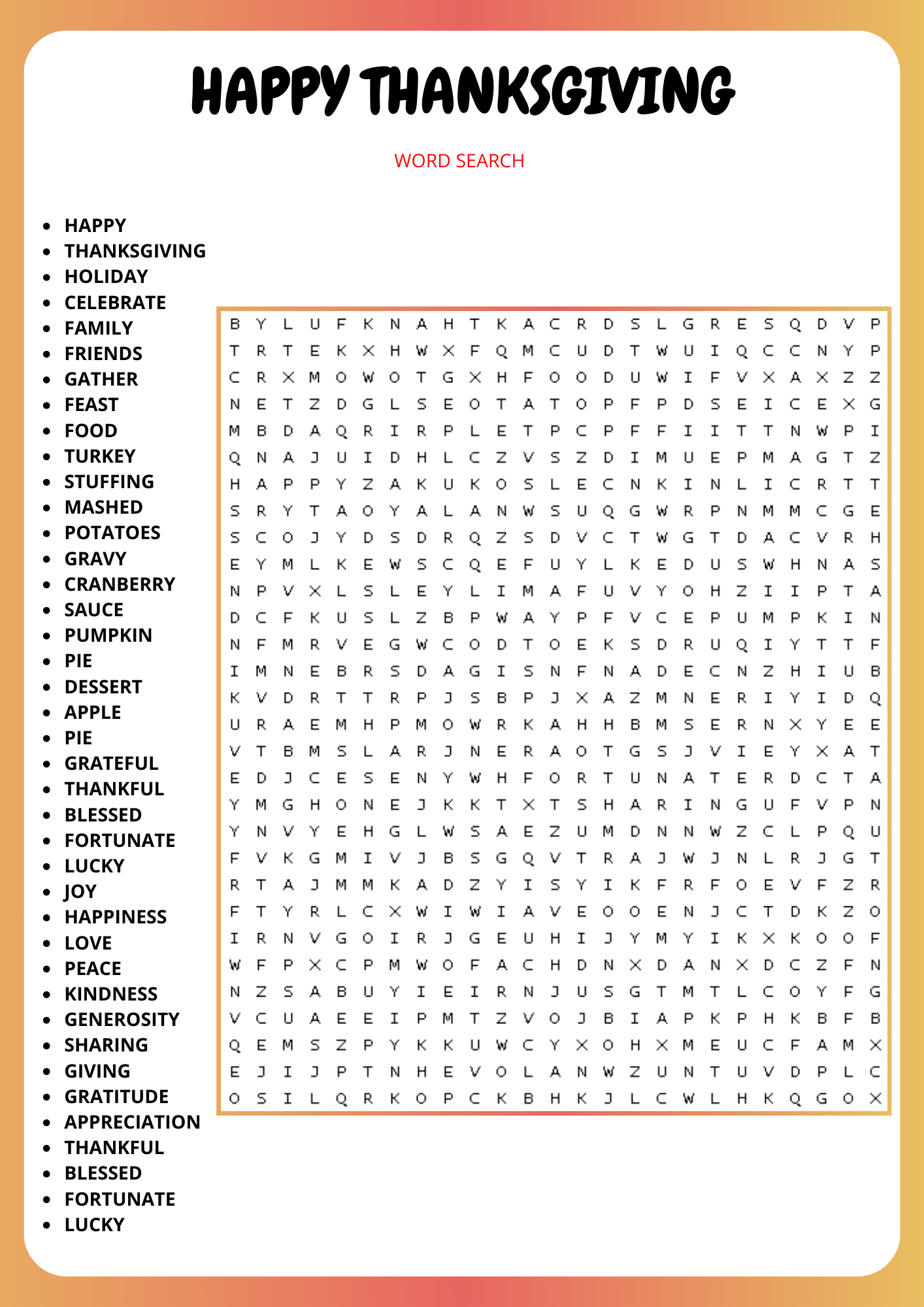 HAPPY THANKSGIVING WORD SEARCH PUZZLE WORKSHEET ACTIVITY Made By Teachers HAPPY THANKSGIVING WORD SEARCH PUZZLE WORKSHEET ACTIVITY Made By Teachers
