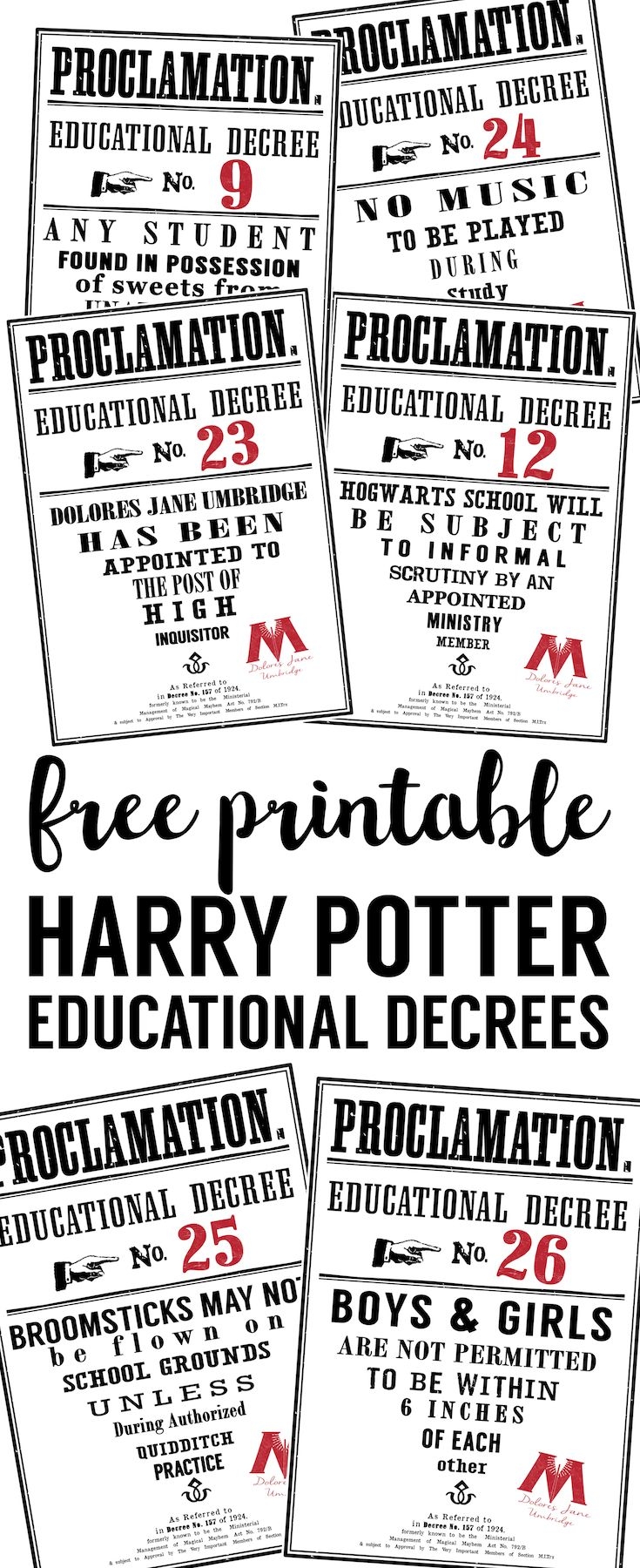 Harry Potter Educational Decrees free Printables Paper Trail Design