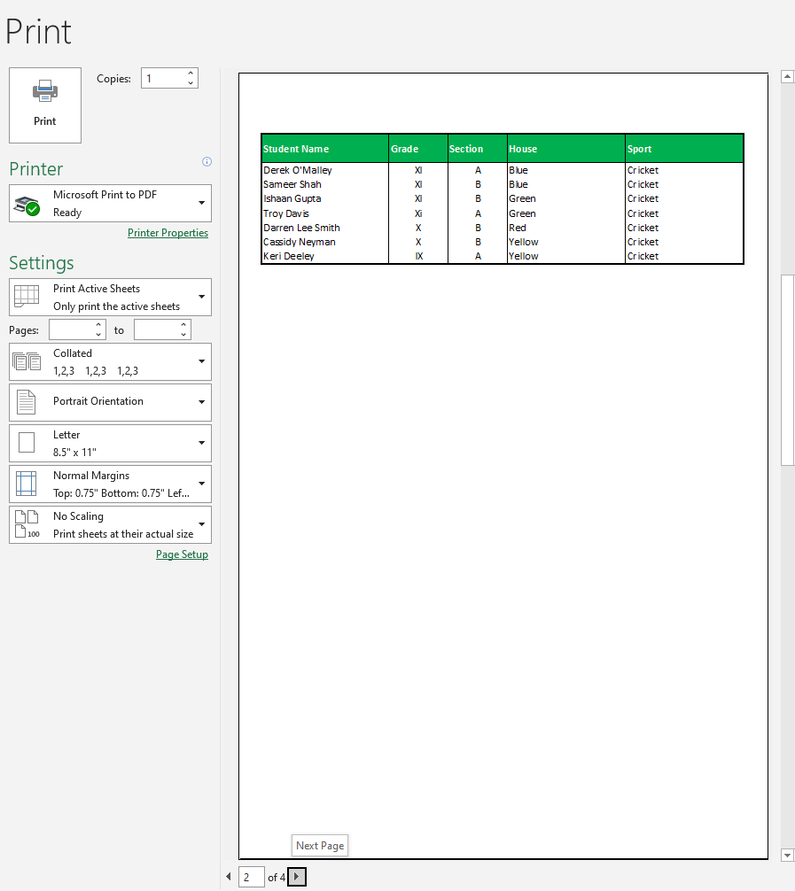 excel printable area