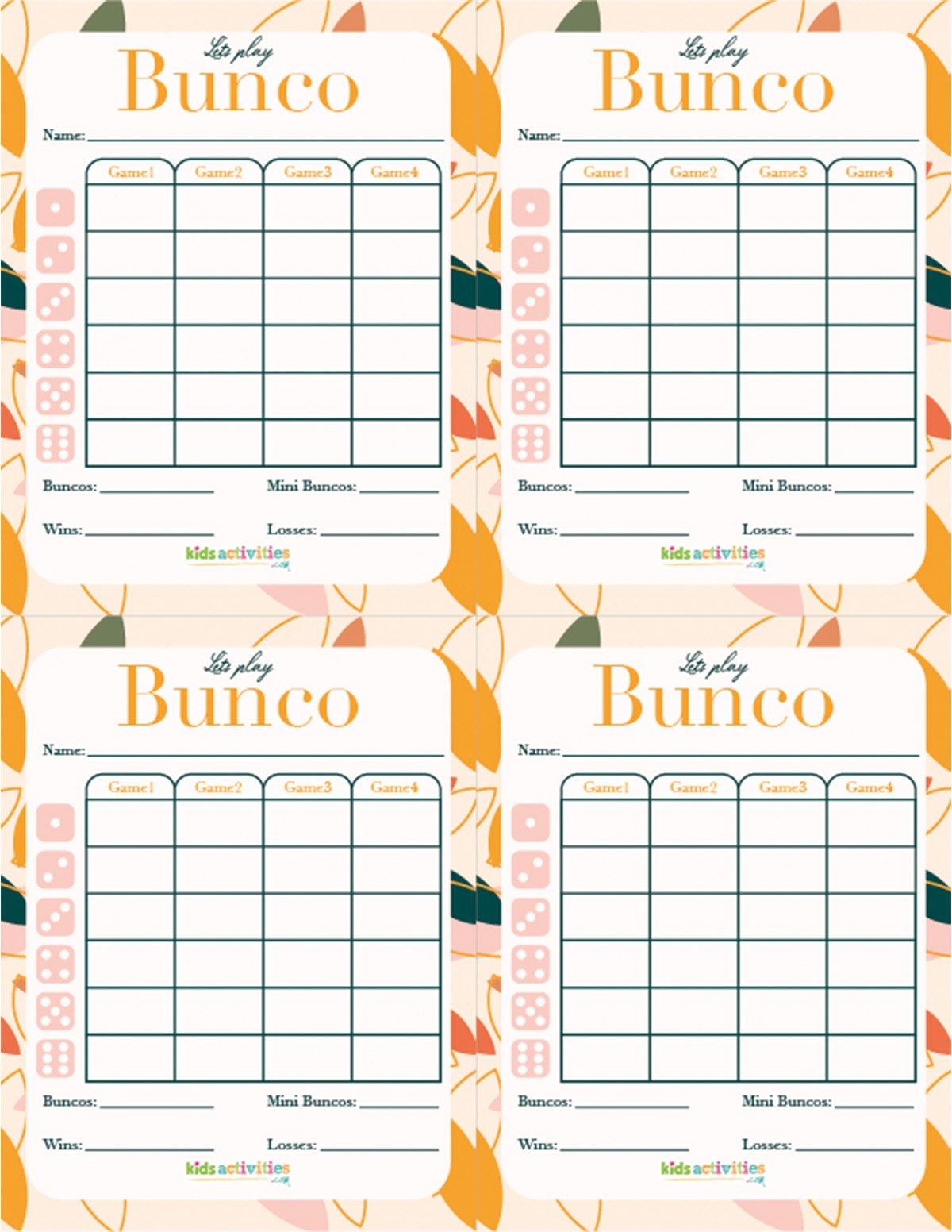 printable bunco score cards