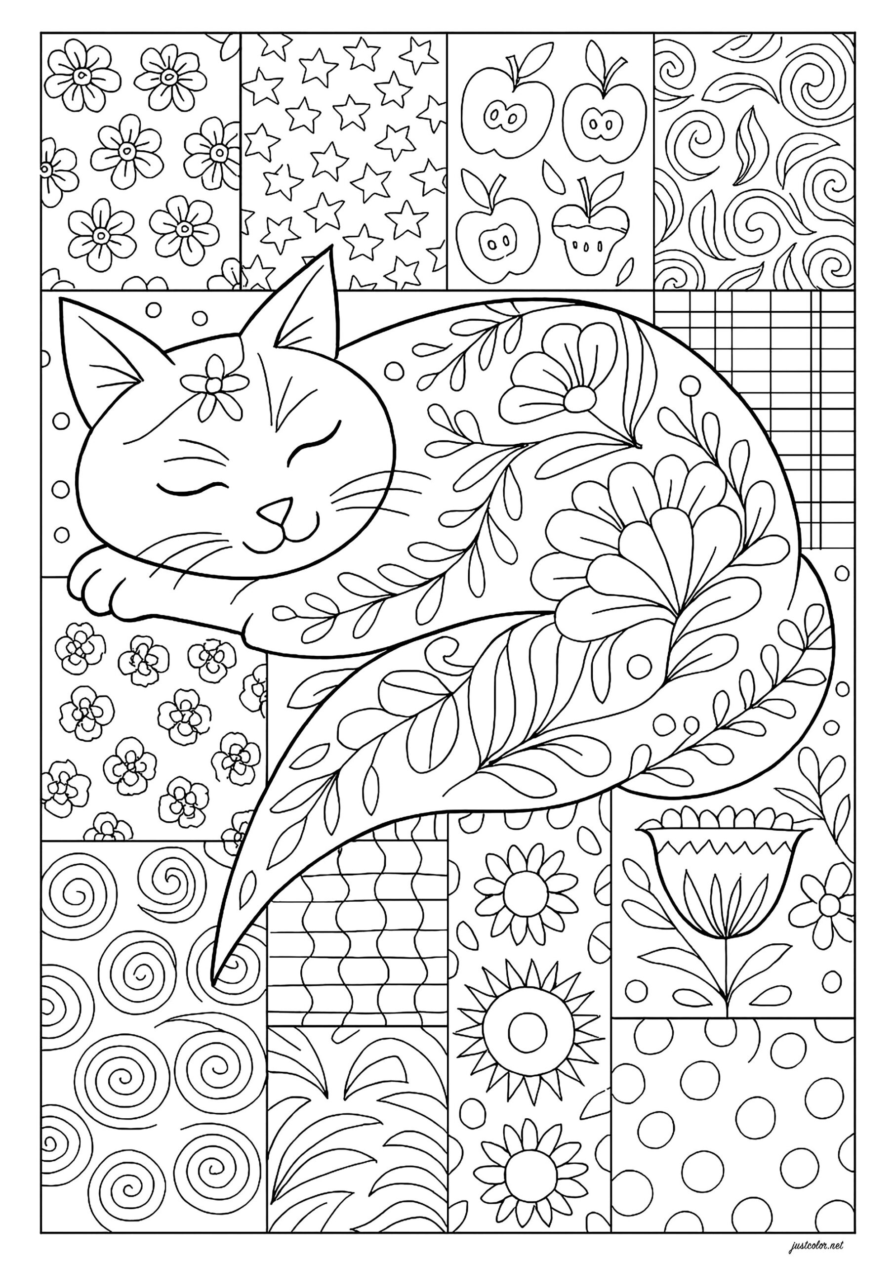 Patchwork And Sleeping Cat Cat Coloring Pages For Adults