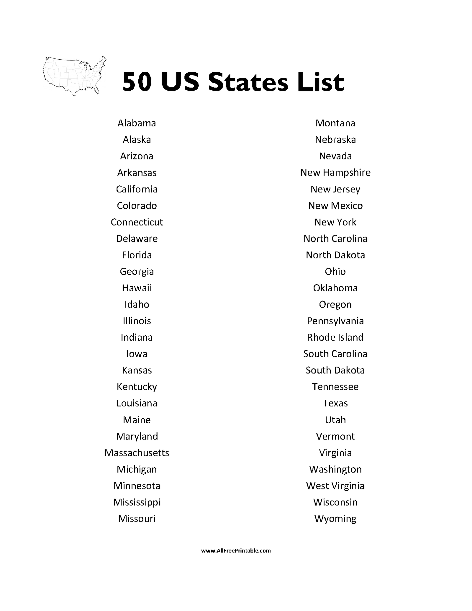 printable list of 50 states