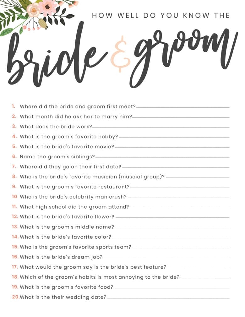 Printable Couples Wedding Shower Games