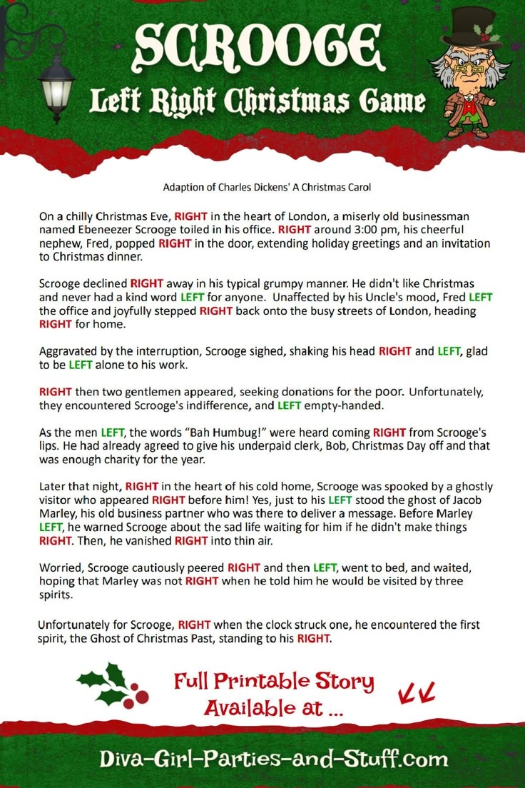 Printable Left Right Christmas Game Story Of Scrooge