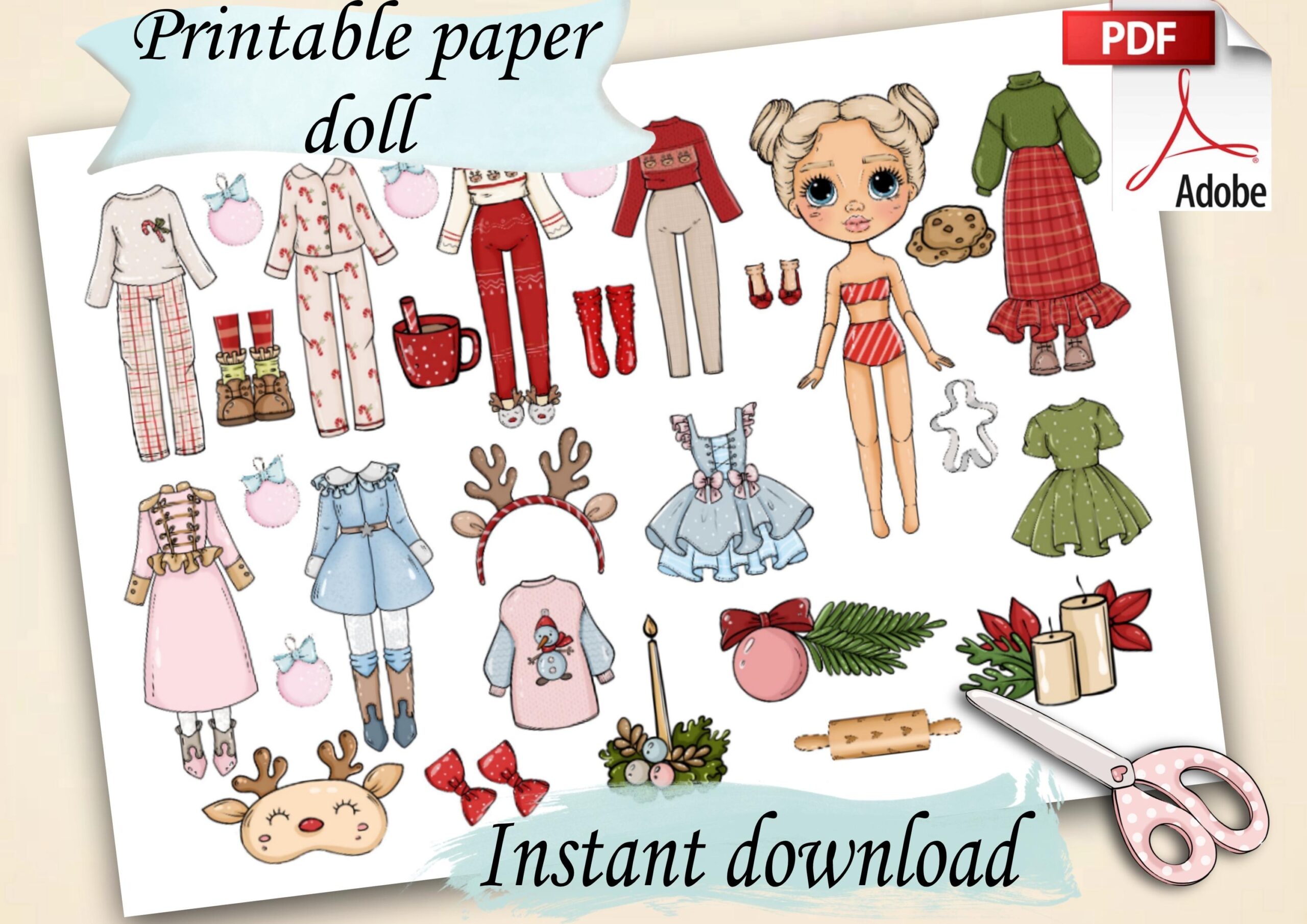 Printable Paper Christmas Doll Blythe With Clothes And Dollhouse Digital PDF Busy Book Activity Dress Up Cut Out Doll Cute Girl Template Etsy