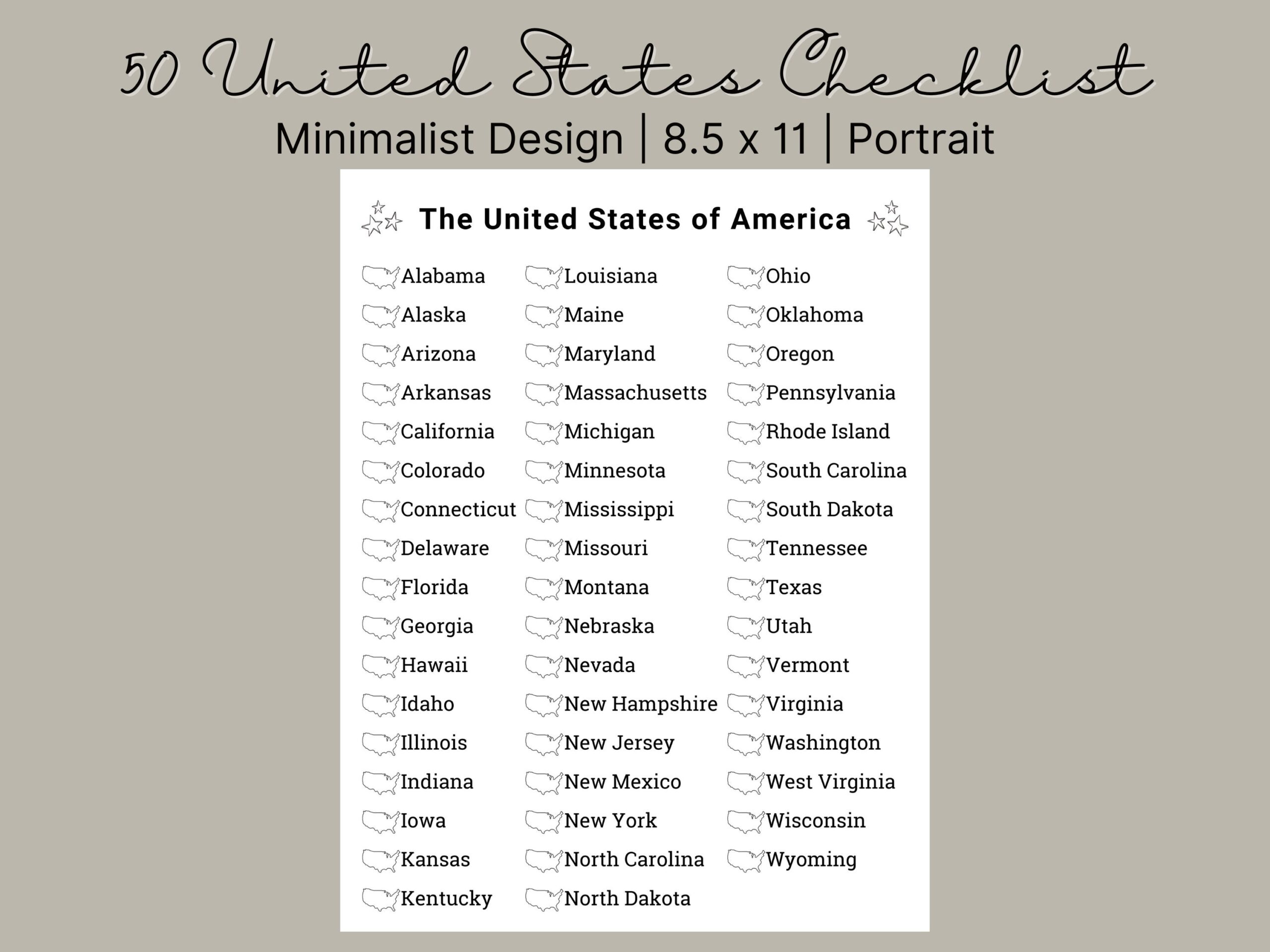 Printable US States Checklist Travel Bucket List digital Download Etsy