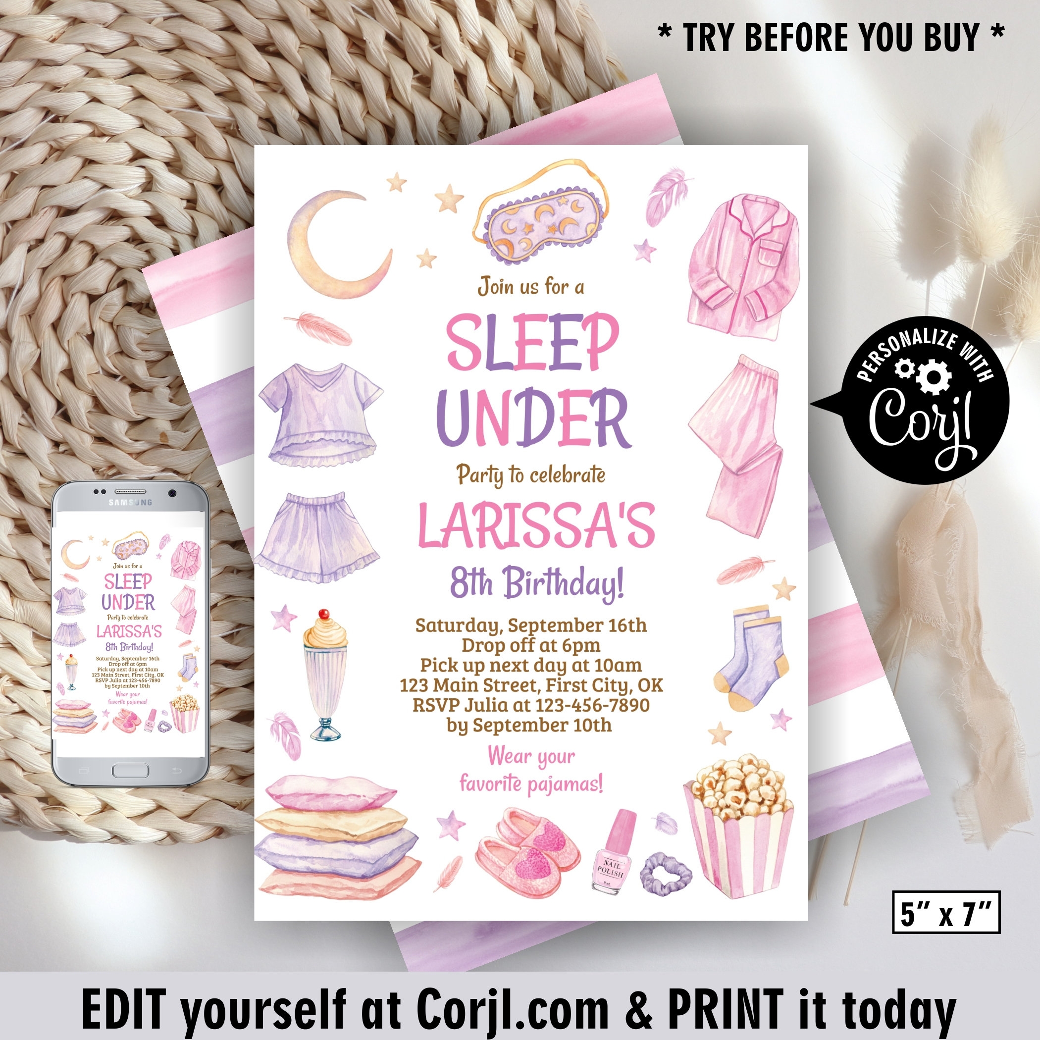 Sleep Under Slumber Boho Birthday Spa Sleepover Party Sleep Over Invitation Pink Purple Girl Backyard Movie Night BSL53 106 Etsy