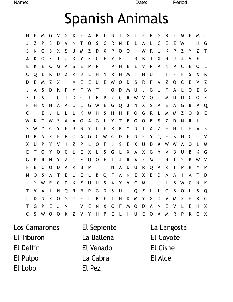 Spanish Animals Word Search WordMint
