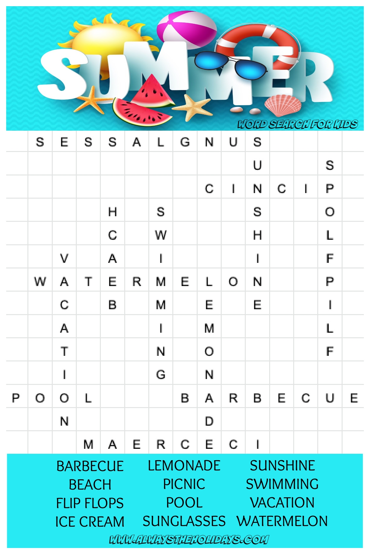 free summer word search printable