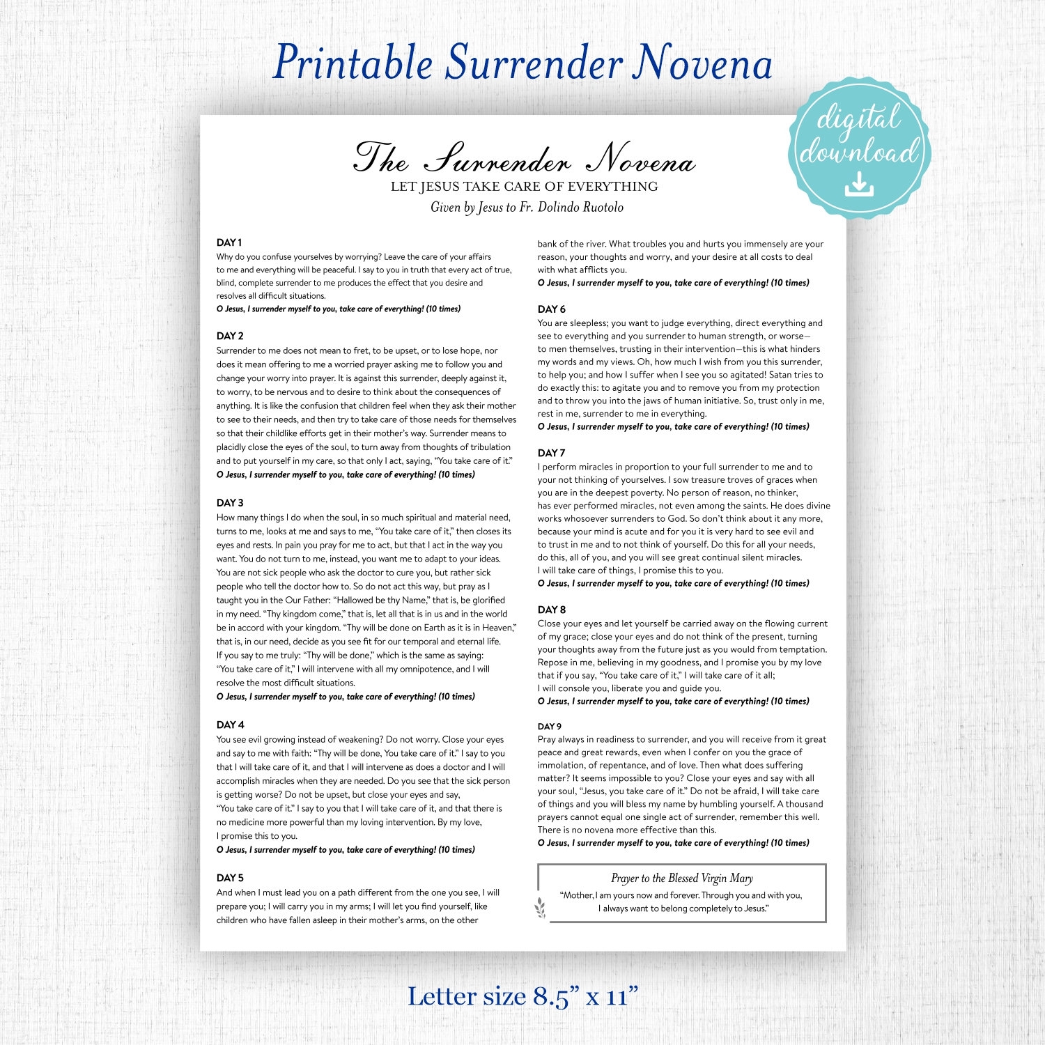 The Surrender Novena Printable Prayer Instant Download Catholic Prayer O Jesus I Surrender Myself To You Take Care Of Everything Etsy