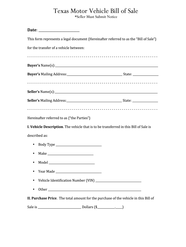 TX Motor Vehicle Bill Of Sale Form Fill Online Printable Fillable Blank PdfFiller