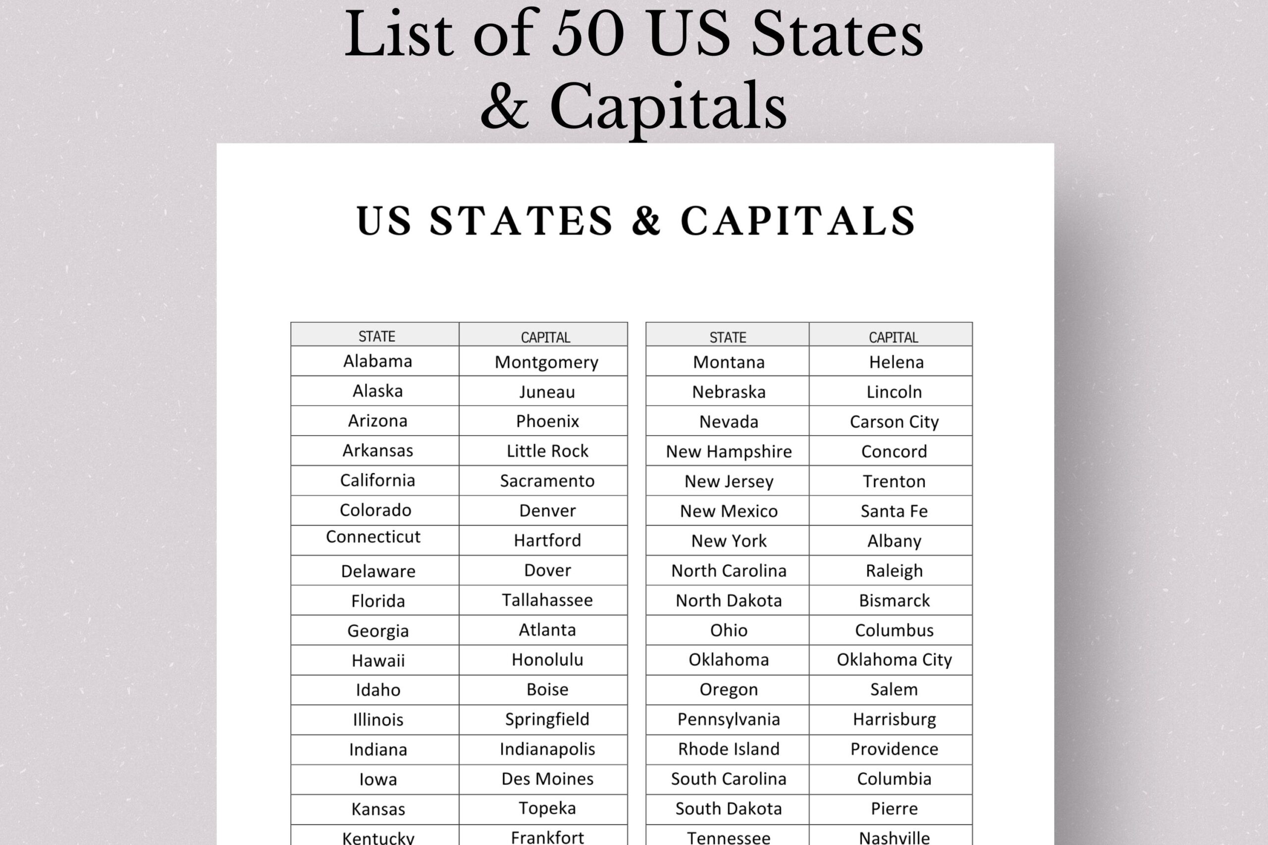 US States And Capitals Printable List Educational Geography PDF Etsy US States And Capitals Printable List Educational Geography PDF Etsy