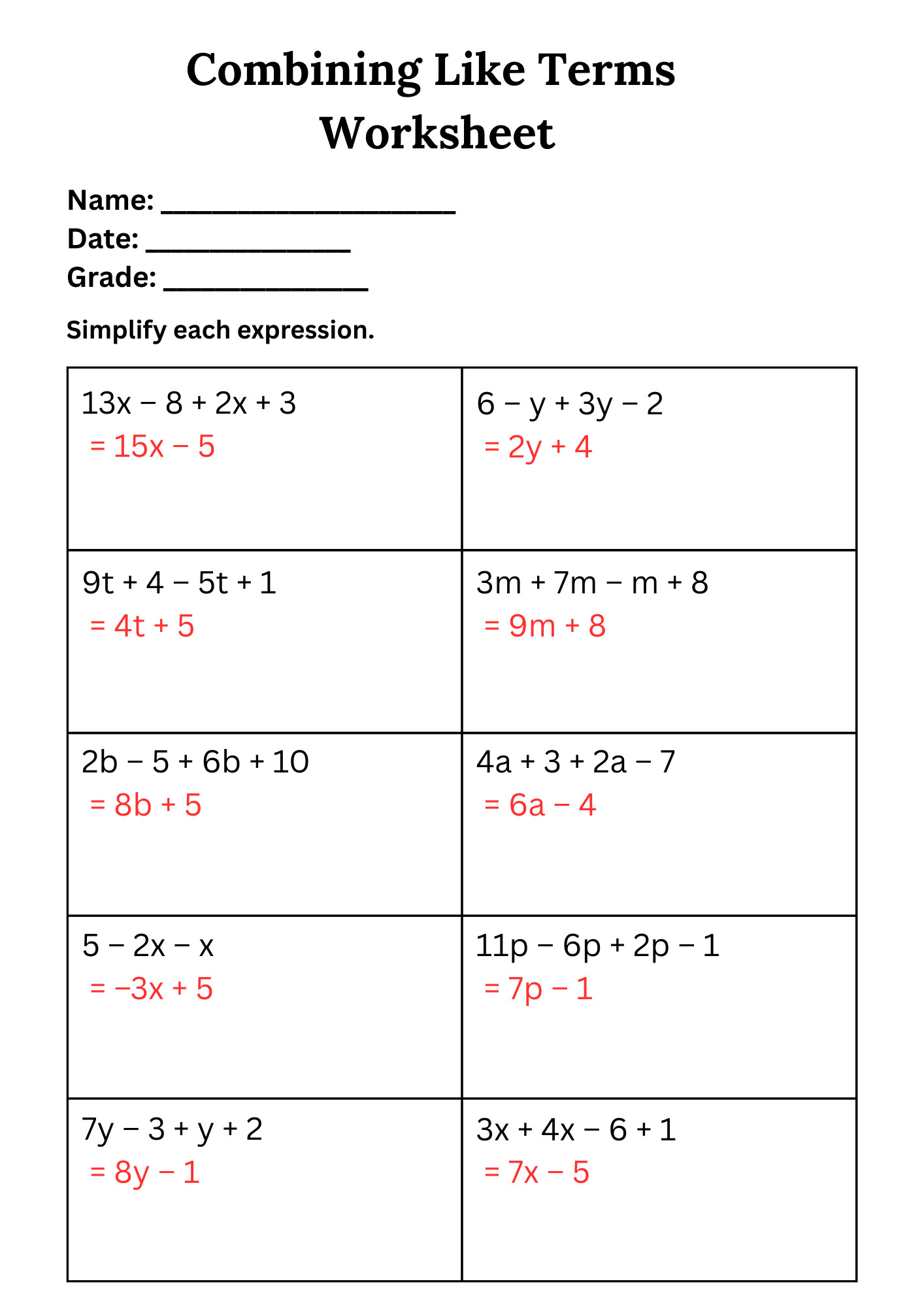combining like terms worksheet pdf