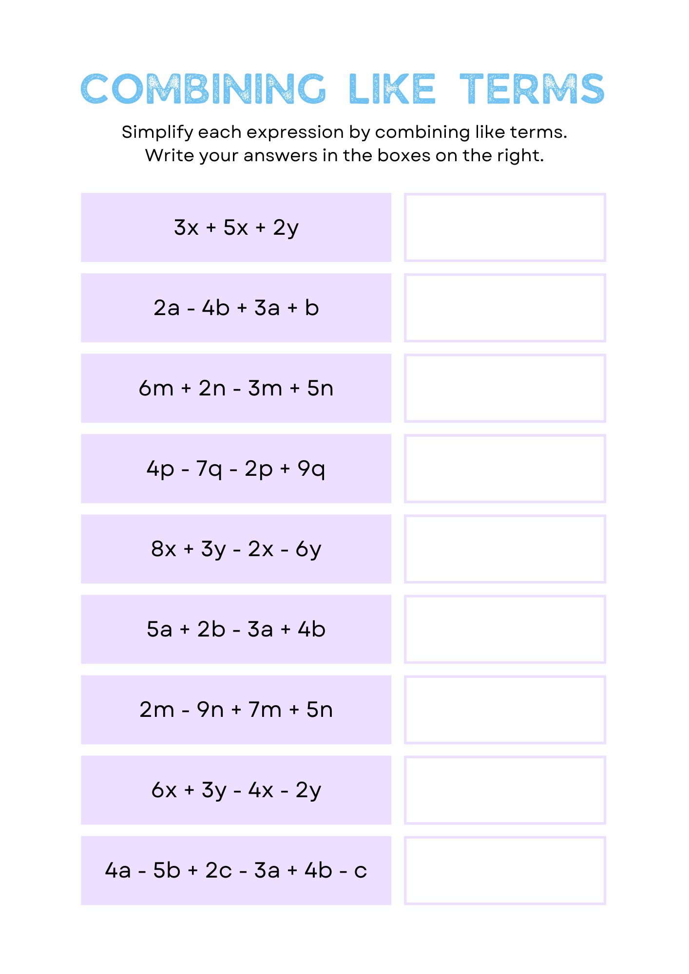 50 Free Printable Combining Like Terms Worksheet To Download In PDF