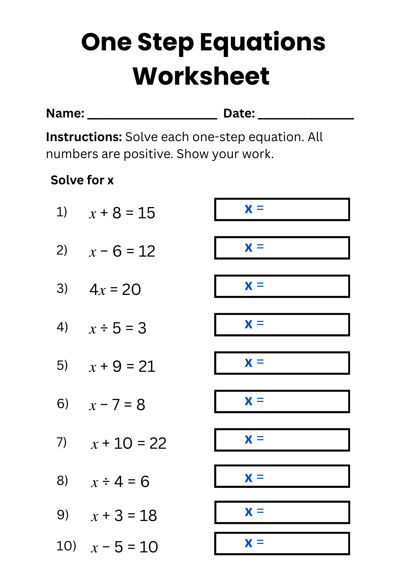 50 Free Printable One Step Equations Worksheet To Download In PDF