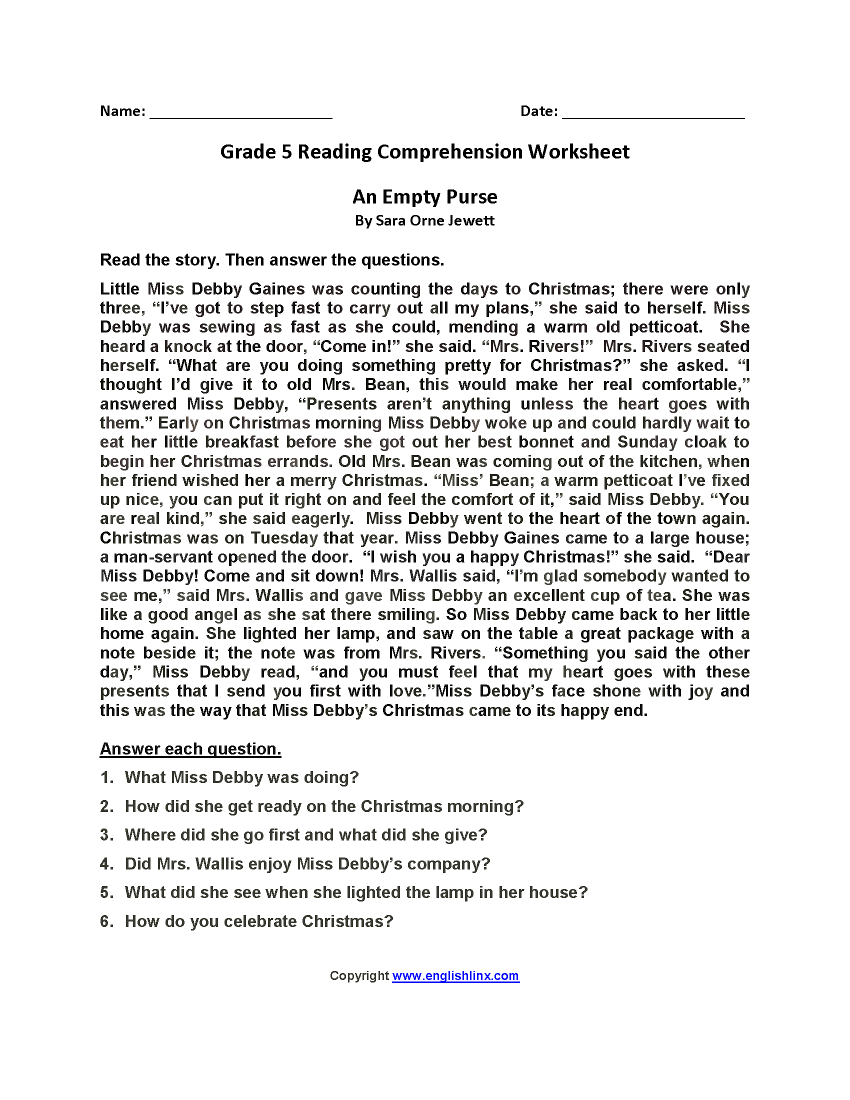 5th Grade Reading Comprehension Worksheets Free PDF 