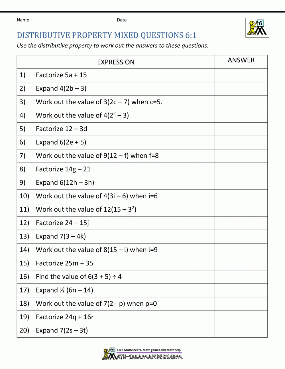 6th Grade Distributive Property Worksheets 6th Grade Distributive Property Worksheets