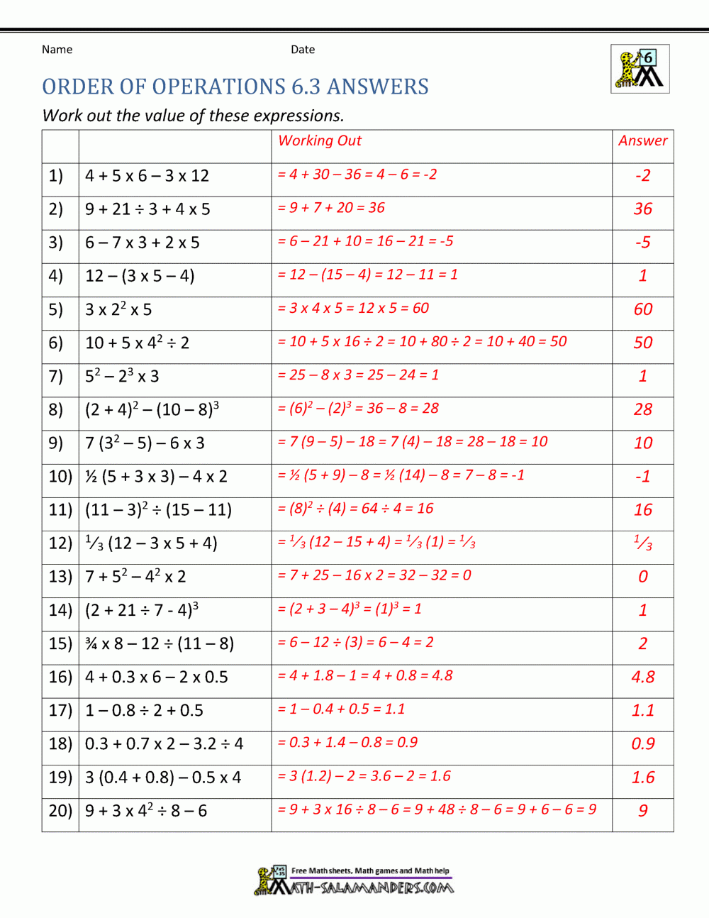 order of operations worksheets pdf