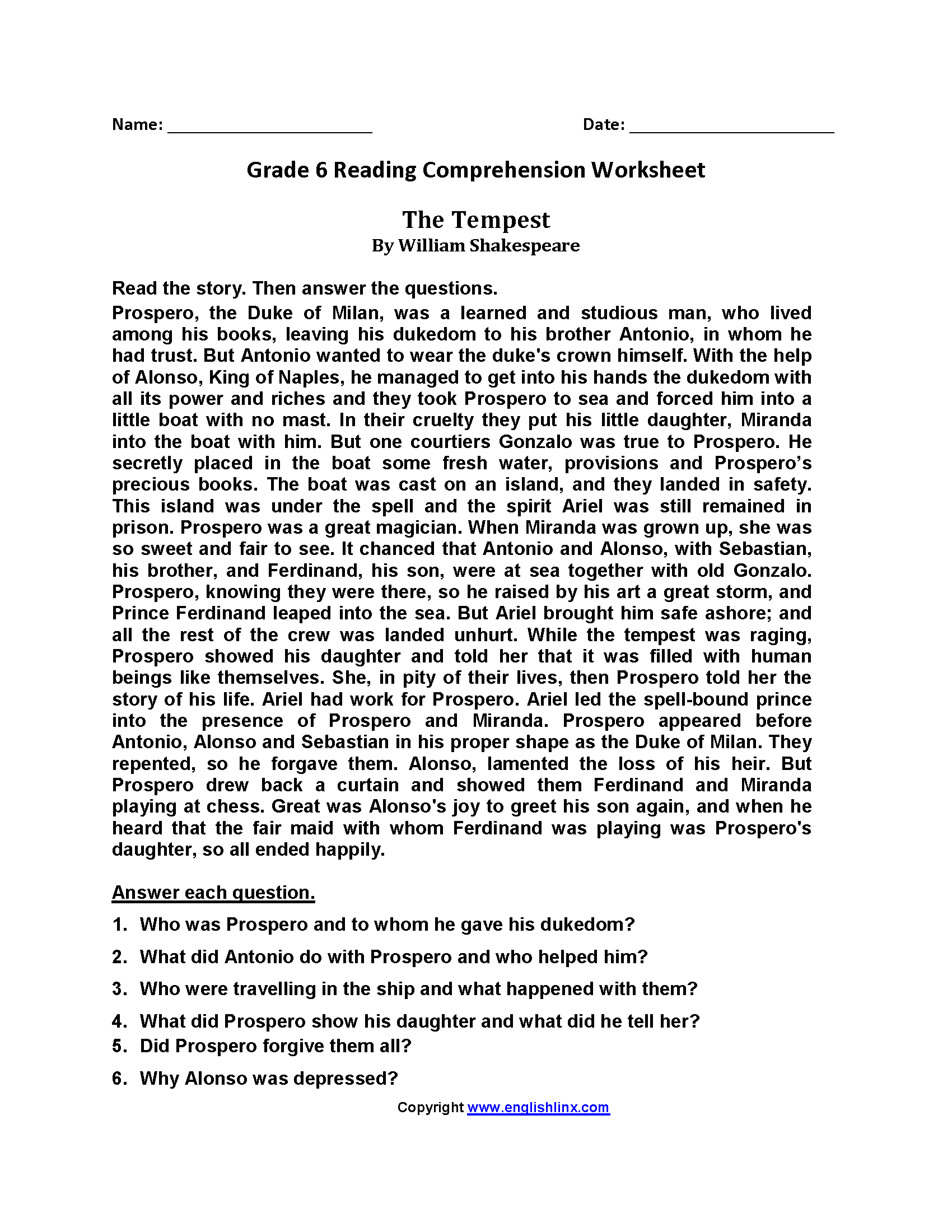 6th Grade Reading Comprehension Worksheets Free PDF 