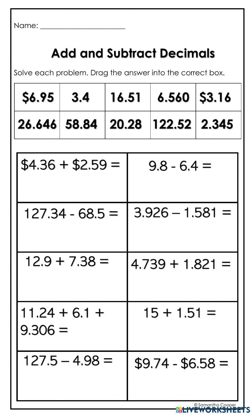 addition and subtraction decimals worksheets pdf